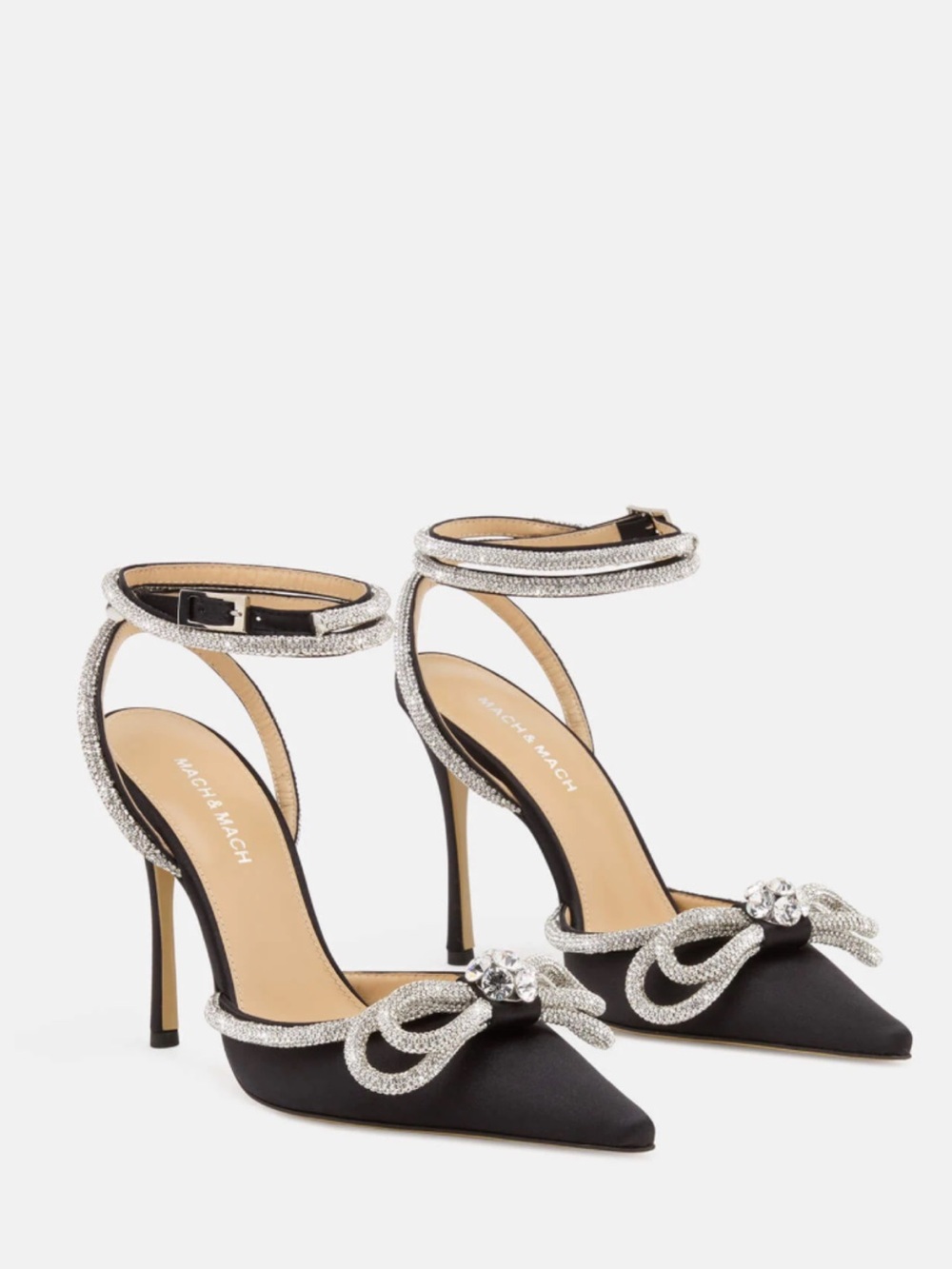 MACH & MACH Black Satin Crystal Bow Ankle-Strap Pumps